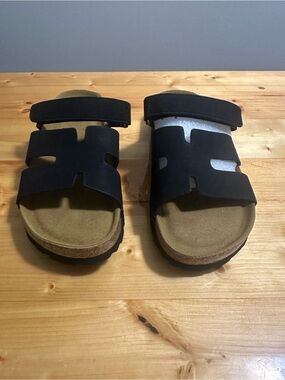 Women's Black Two-Strap Slide Sandals with Adjustable Top Strap